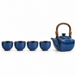 Juego de té azul cerúleo de 5 piezas con tetera y 4 tazas