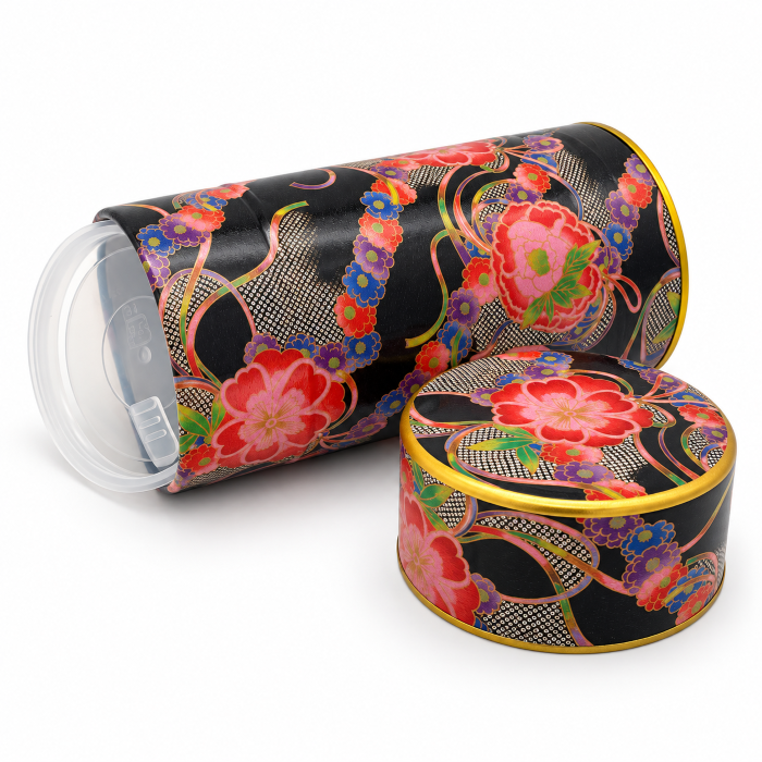 Lata de Té Japonesa Negra Floral 200 g – Made in Japan - Imagen 2