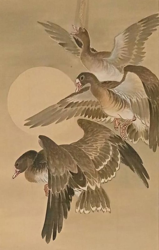 Kakemono japonés con tres gansos y luna otoñal - Imagen 2