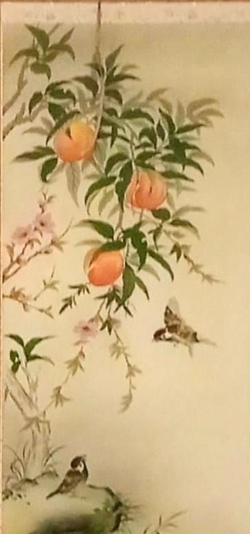 Kakemono japonés con melocotones momo sobre seda – Pergamino zen - Imagen 2