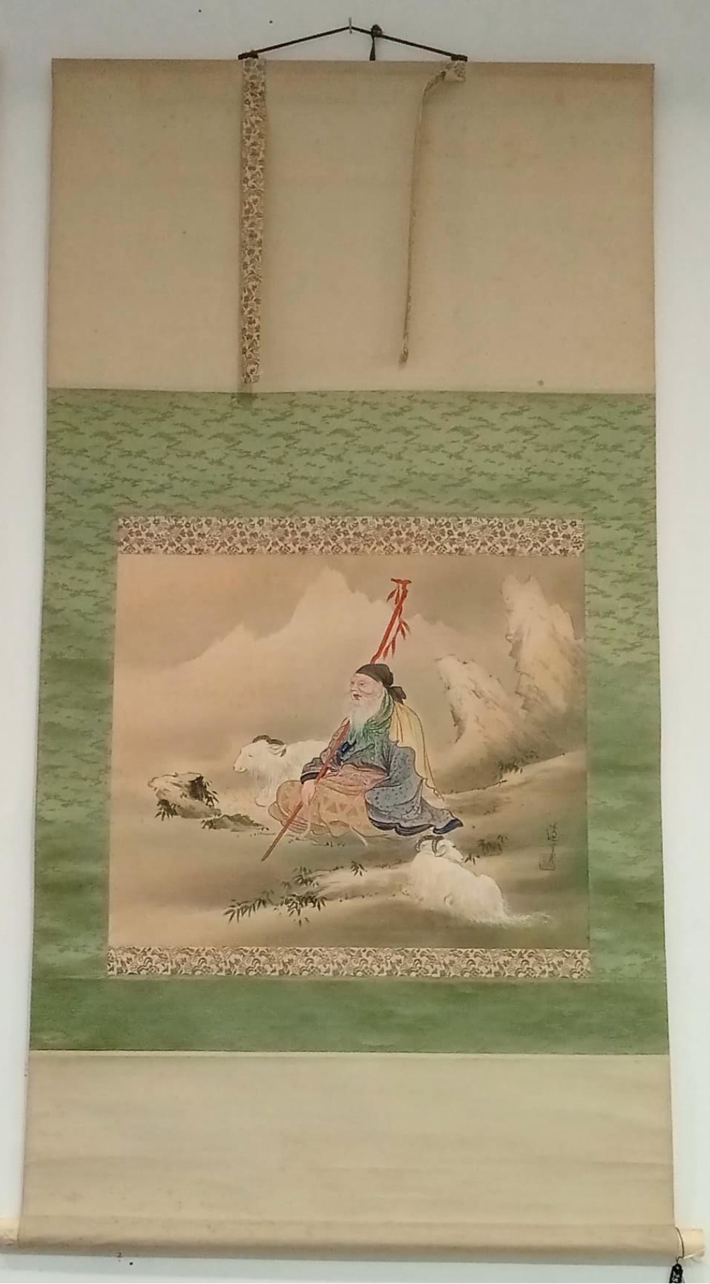 Pintura japonesa Deidad y carnero sobre seda