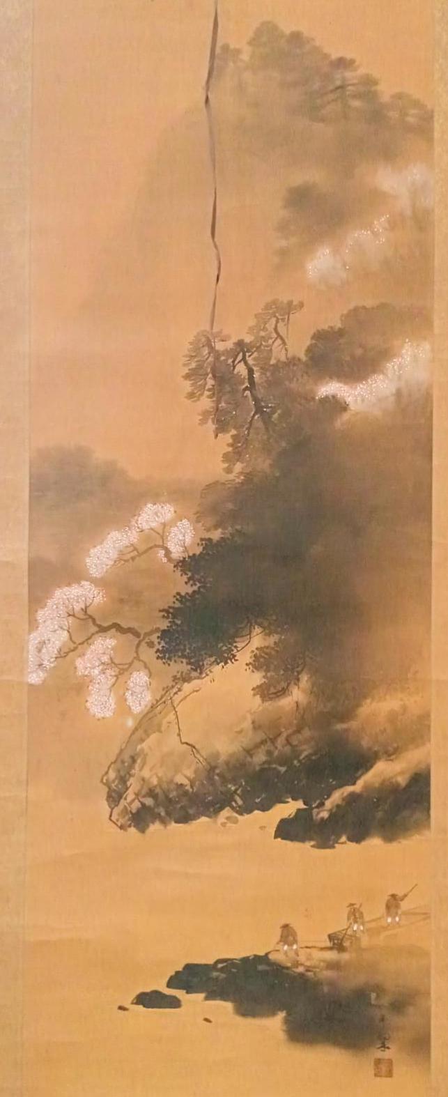 Pergamino japonés con pescador y paisaje sumi-e – Kakejiku tradicional - Imagen 2