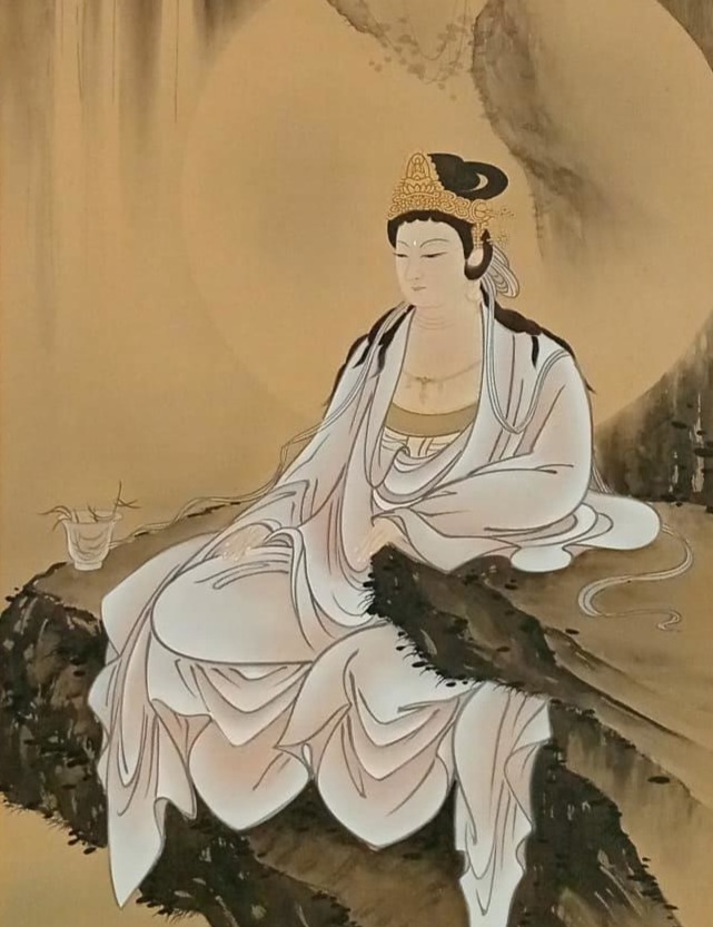 kakemono japonés con Kannon Kan-On budista pintado a mano por Shoyo alrededor del 1950 - Imagen 2