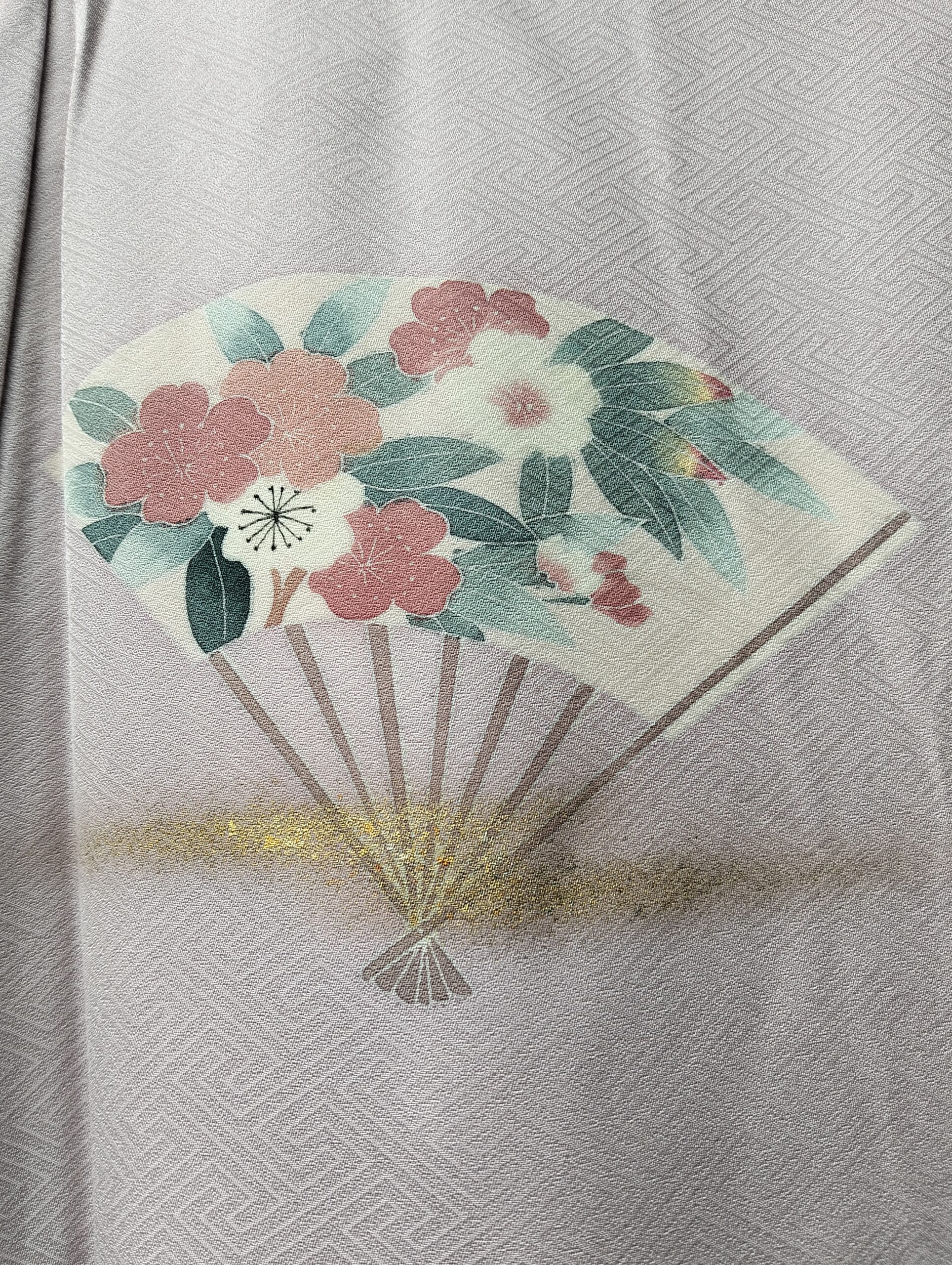 Kimono malva con abanicos y flores – Kimono de seda vintage japonesa elegante - Imagen 3