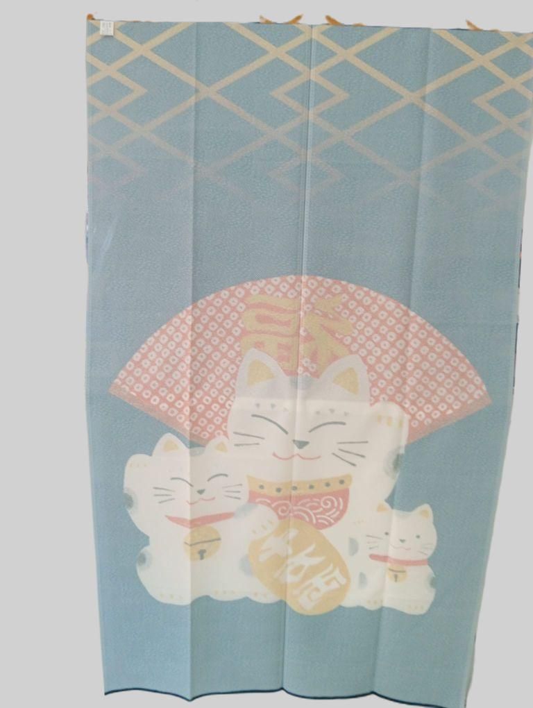 Noren cortina Abanico Maneki Neko Fuku Azul Made in Japan - Imagen 3