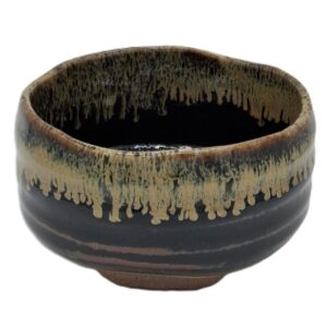 Cuenco japonés matcha negro con esmalte beige goteado de cerámica 470 ml