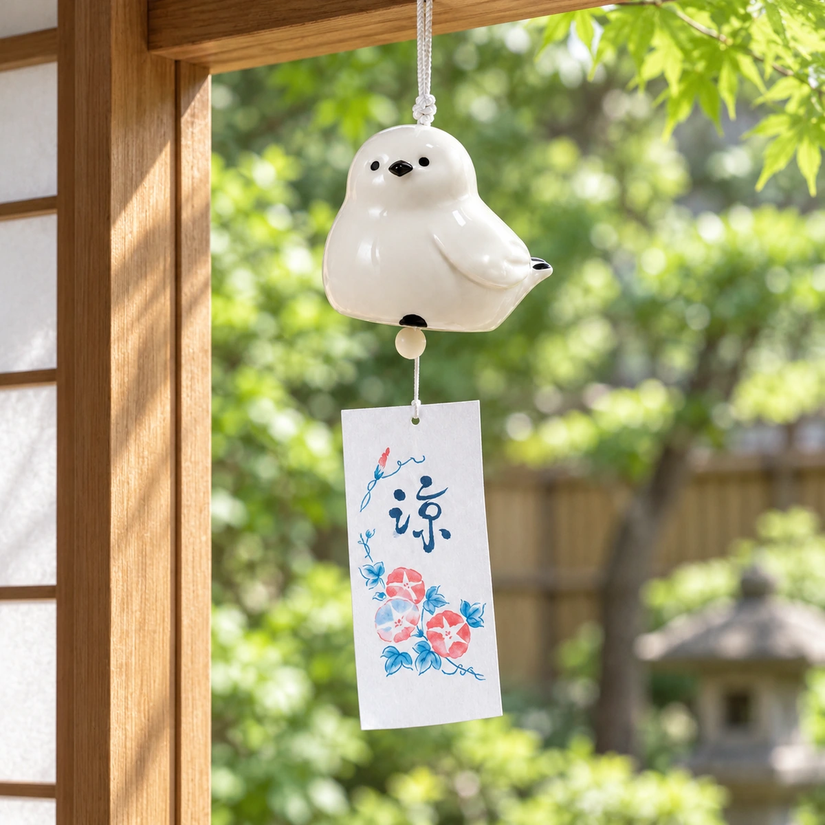 Escena ilustrativa de Campana de viento japonesa Enaga blanca de cerámica, 5,5 cm en un entorno japonés.