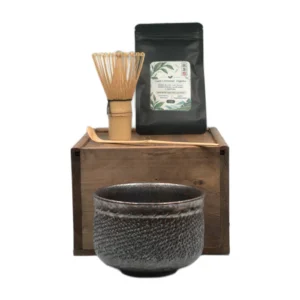 Kit de matcha japonés de 25 g con cuenco oscuro moteado — vista principal