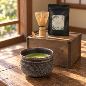 Kit de matcha japonés de 25 g con cuenco oscuro moteado — escena ilustrativa de uso