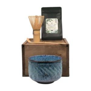 Kit de matcha japonés de 25 g con cuenco azul moteado — vista principal