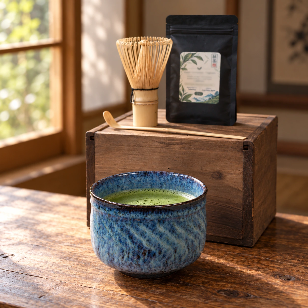 Kit de matcha japonés de 25 g con cuenco azul moteado — escena ilustrativa de uso