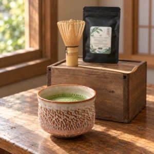 Kit de matcha japonés de 25 g con cuenco claro anaranjado — escena ilustrativa de uso