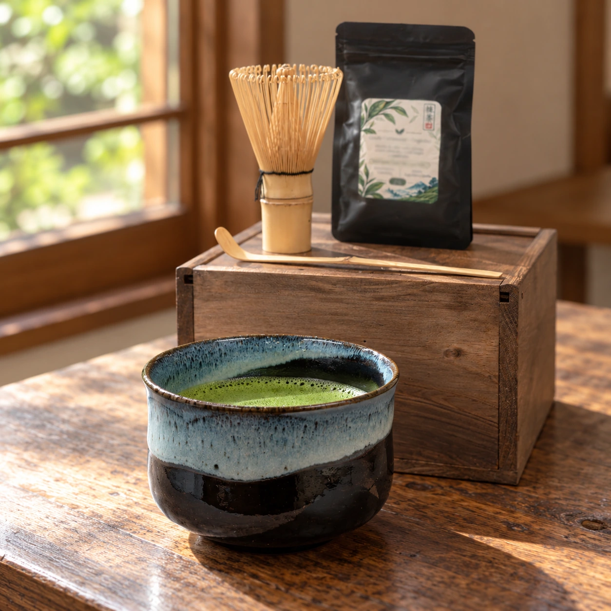 Kit de matcha japonés de 25 g con cuenco azul claro y negro — escena ilustrativa de uso