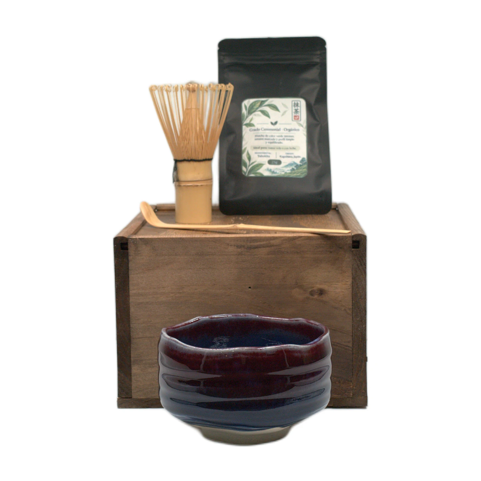 Kit de matcha japonés de 25 g con cuenco de bandas azules y burdeos — vista principal