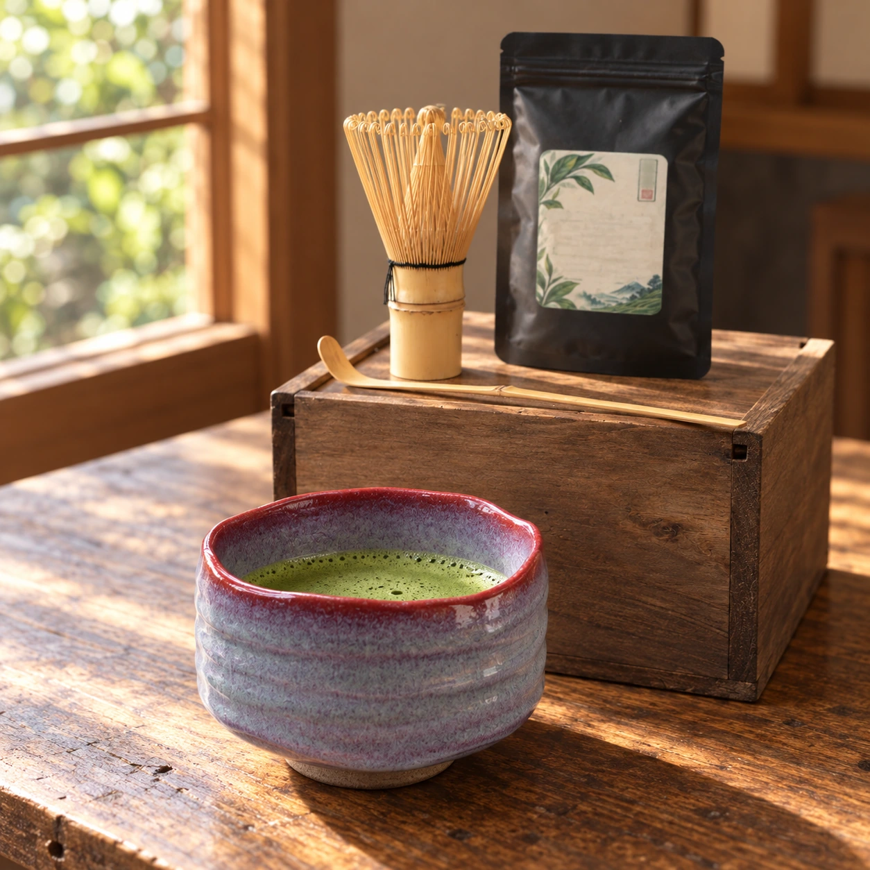 Kit de matcha japonés de 25 g con cuenco lavanda con borde rojo — escena ilustrativa de uso