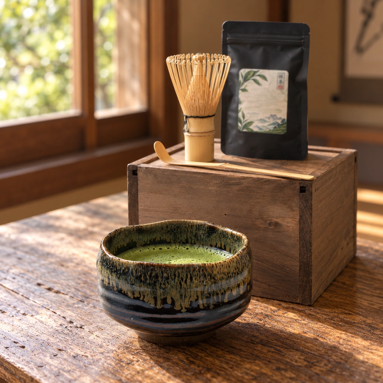 Kit de matcha japonés de 25 g con cuenco oscuro con banda verdosa — escena ilustrativa de uso
