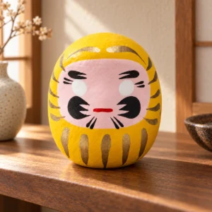 Daruma japonés amarillo de papel maché, 4,5 cm en una escena ilustrativa