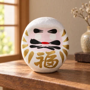 Daruma japonés blanco de papel maché, 4,5 cm en una escena ilustrativa