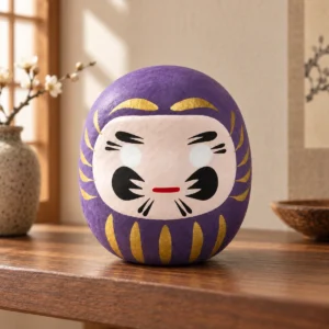 Daruma japonés morado de papel maché, 4,5 cm en una escena ilustrativa