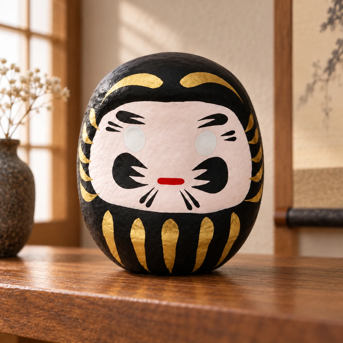 Daruma japonés negro de papel maché, 4,5 cm en una escena ilustrativa