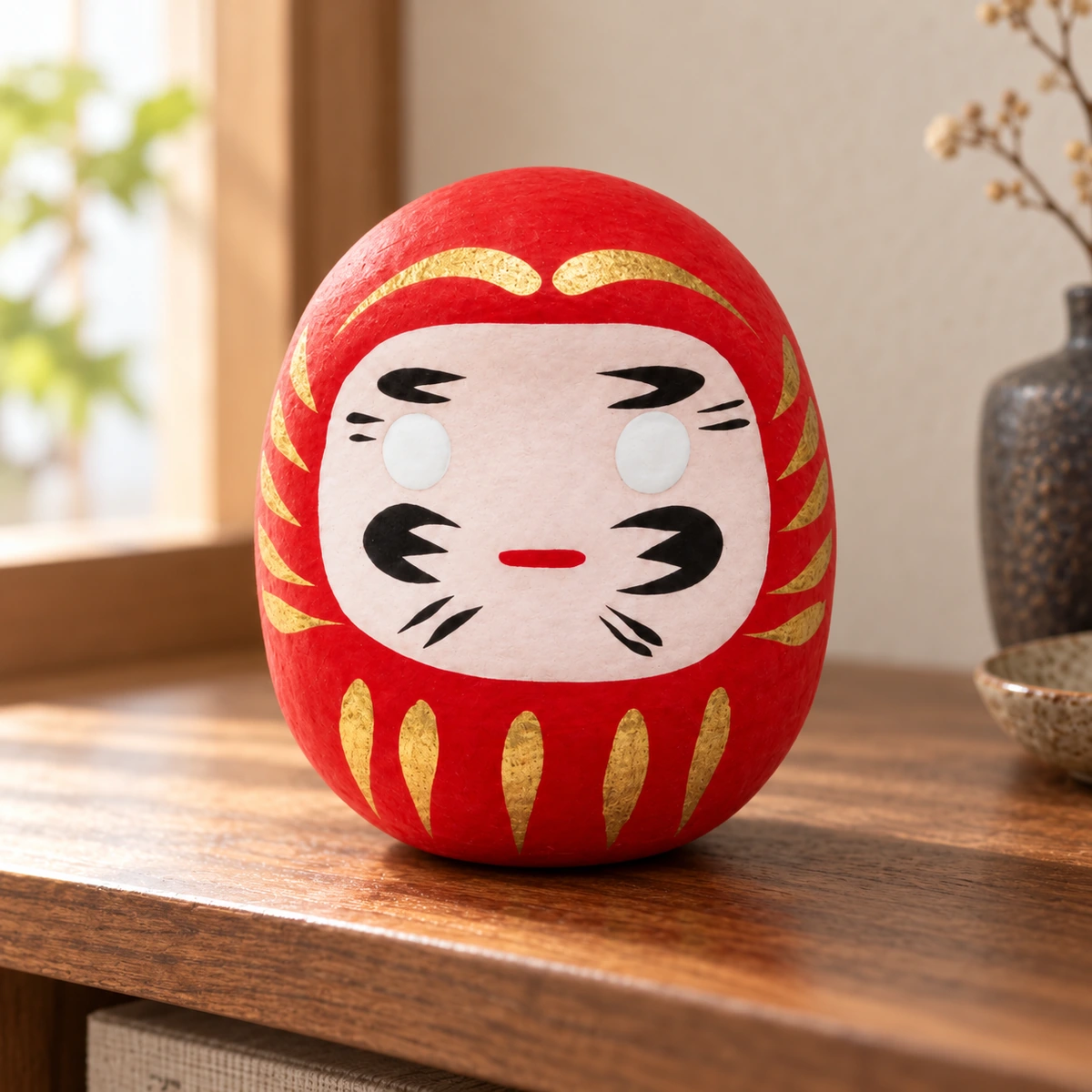 Daruma japonés rojo de papel maché, 4,5 cm en una escena ilustrativa