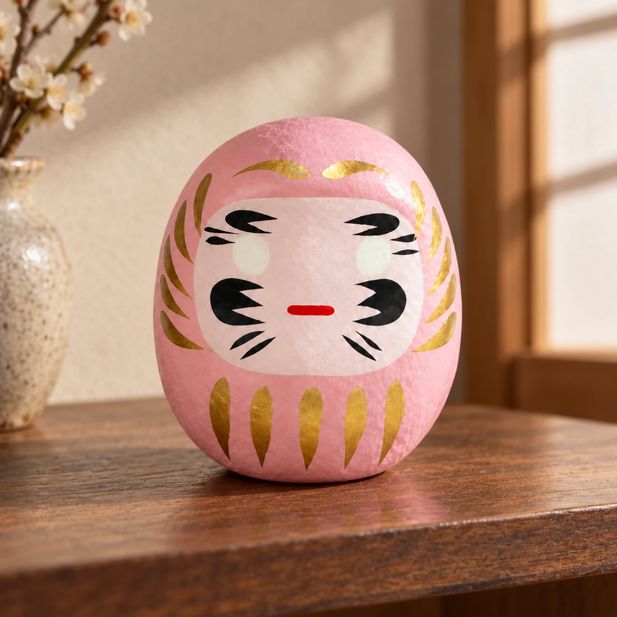 Daruma japonés rosa de papel maché, 4,5 cm en una escena ilustrativa