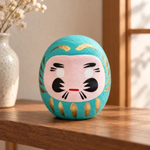 Daruma japonés verde turquesa de papel maché, 4,5 cm en una escena ilustrativa