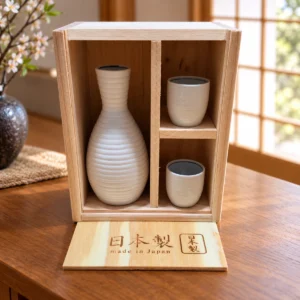 Juego de sake blanco acanalado con 2 vasitos y caja de madera en una escena ilustrativa