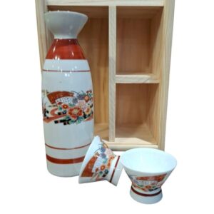 Juego de sake de flores multicolor y bandas rojas con 2 vasitos y caja de madera — fotografía 1