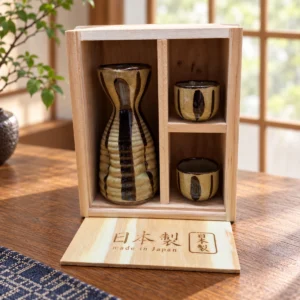Juego de sake de líneas oscuras sobre fondo ocre con 2 vasitos y caja de madera en una escena ilustrativa