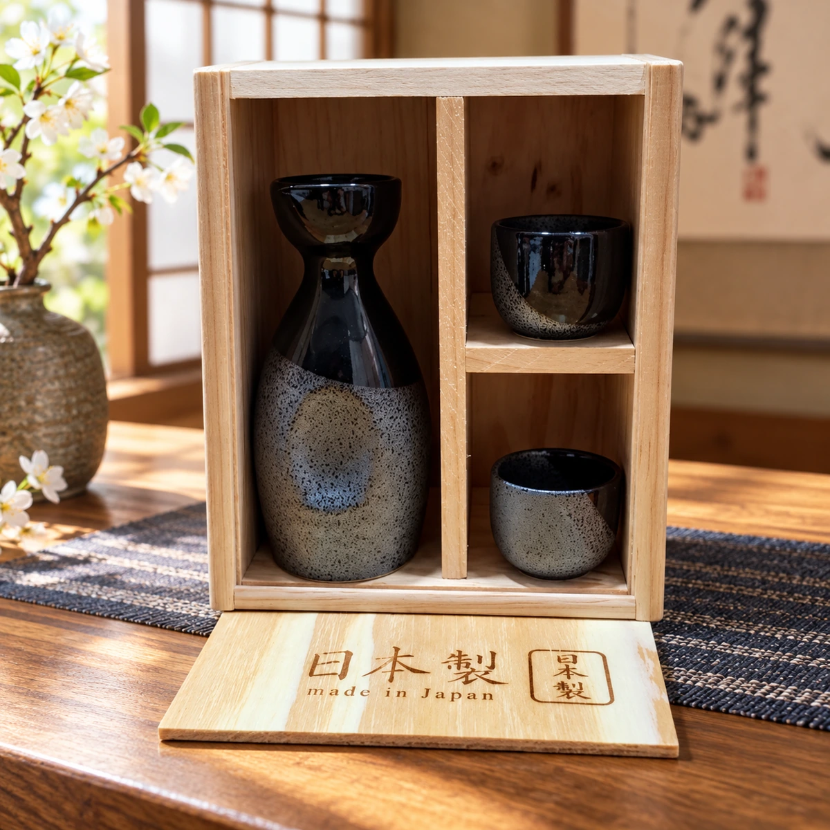 Escena ilustrativa de Juego de sake negro y gris moteado con 2 vasitos y caja de madera.