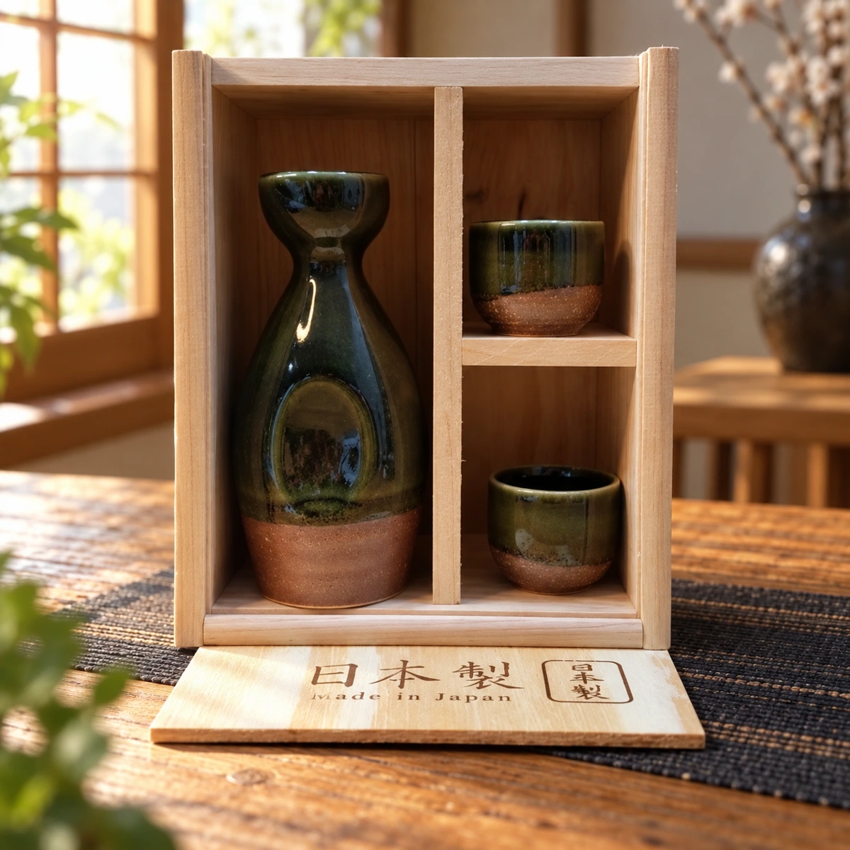 Juego de sake verde oscuro y marrón con 2 vasitos y caja de madera en una escena ilustrativa