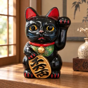 Hucha Maneki Neko negra de cerámica, estilo retro, 15 cm en una escena ilustrativa