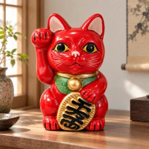 Hucha Maneki Neko roja de cerámica, estilo retro, 15 cm en una escena ilustrativa