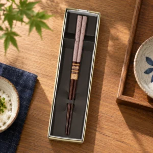 Palillos japoneses Smile Color rosas en estuche, 1 par en una escena ilustrativa