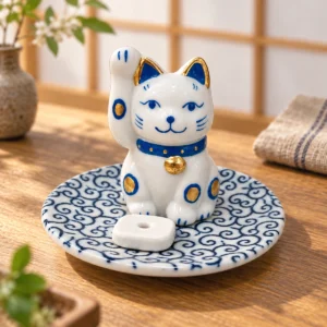 Porta incienso Maneki Neko azul de cerámica, plato de 9,5 cm en una escena ilustrativa