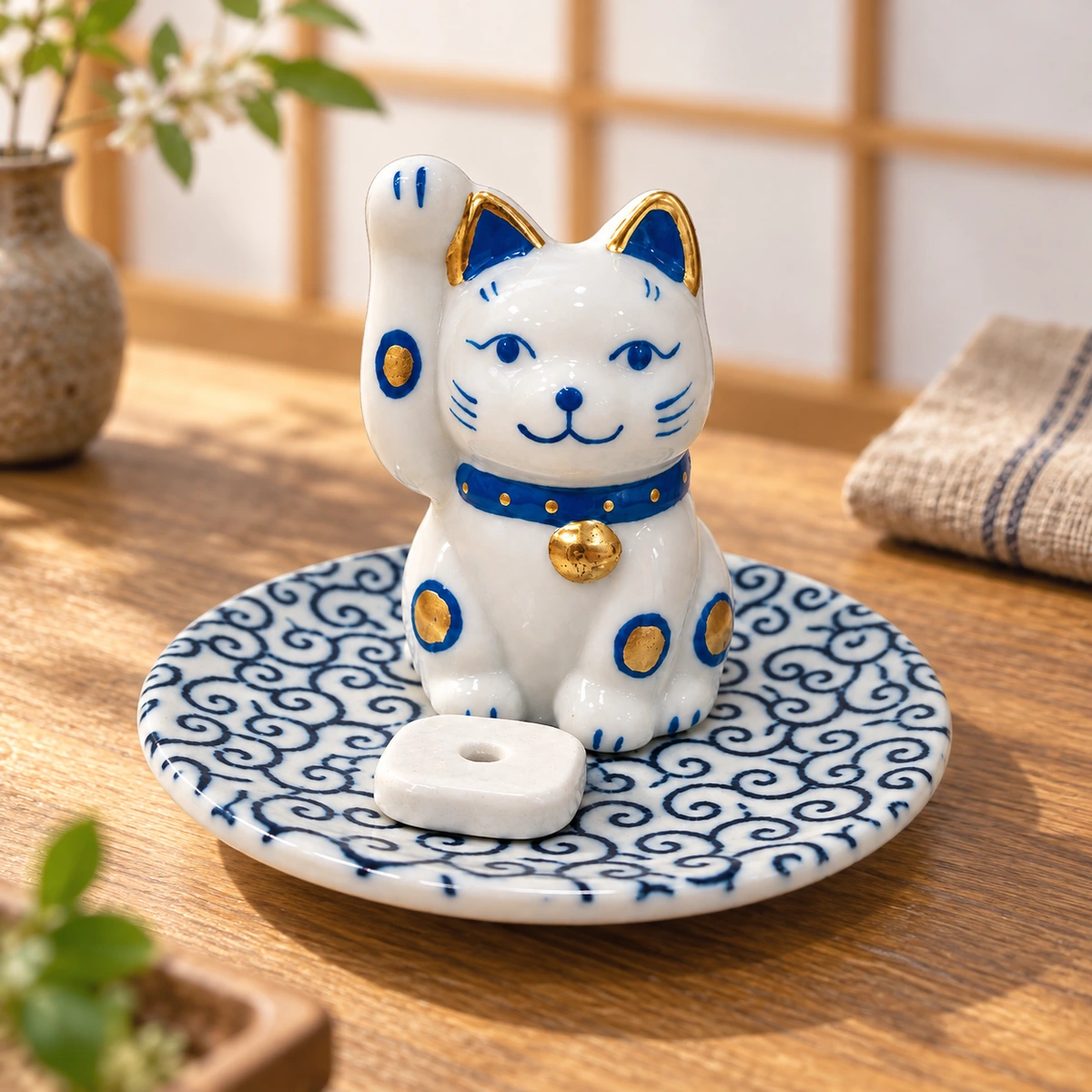 Porta incienso Maneki Neko azul de cerámica, plato de 9,5 cm en una escena ilustrativa