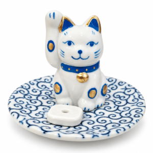 Porta incienso maneki neko azul de cerámica