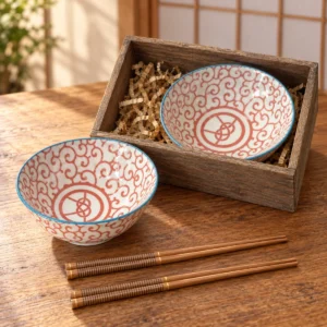 Escena ilustrativa de Set de 2 cuencos con arabescos rojos y palillos en caja de madera en un interior japonés.