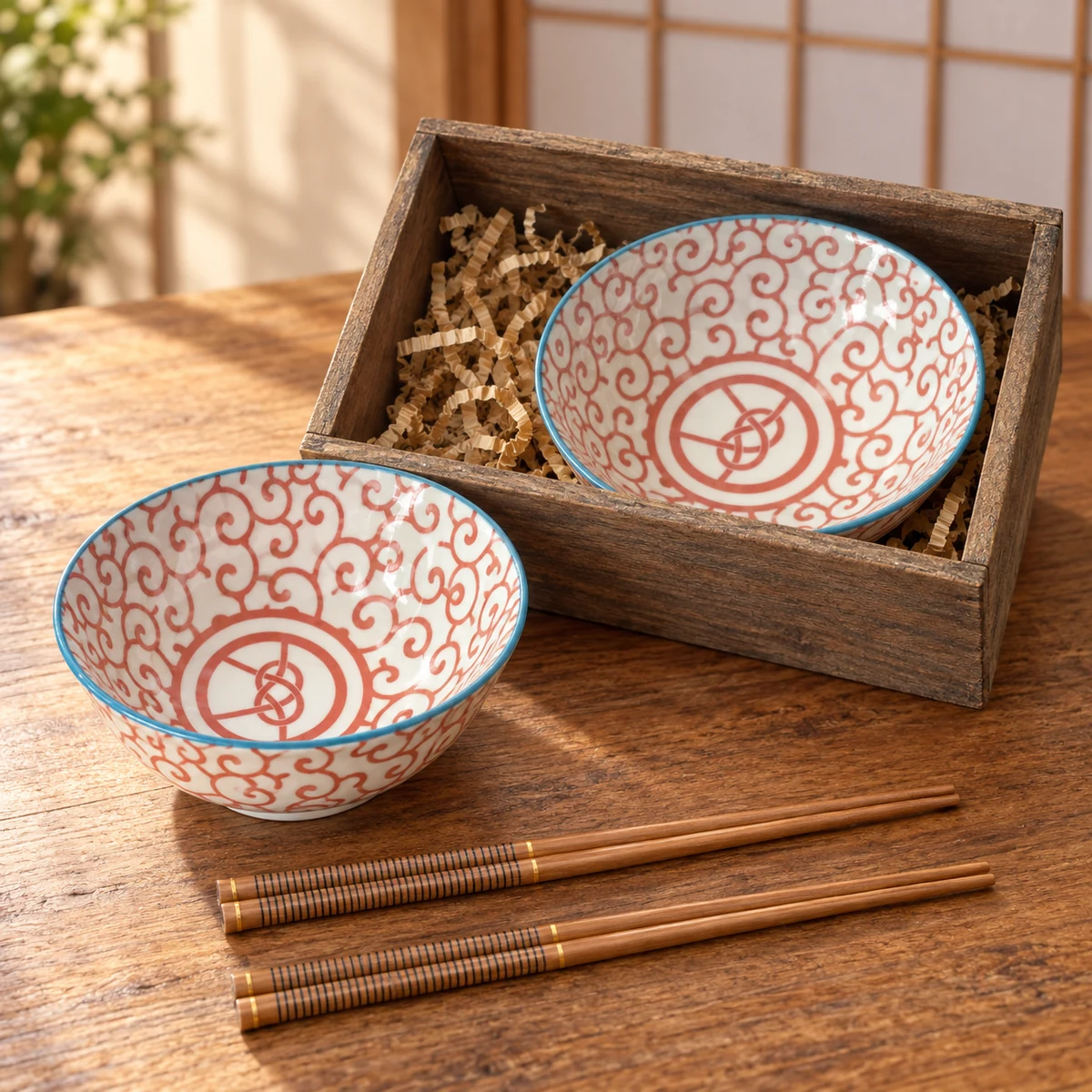 Escena ilustrativa de Set de 2 cuencos con arabescos rojos y palillos en caja de madera en un interior japonés.