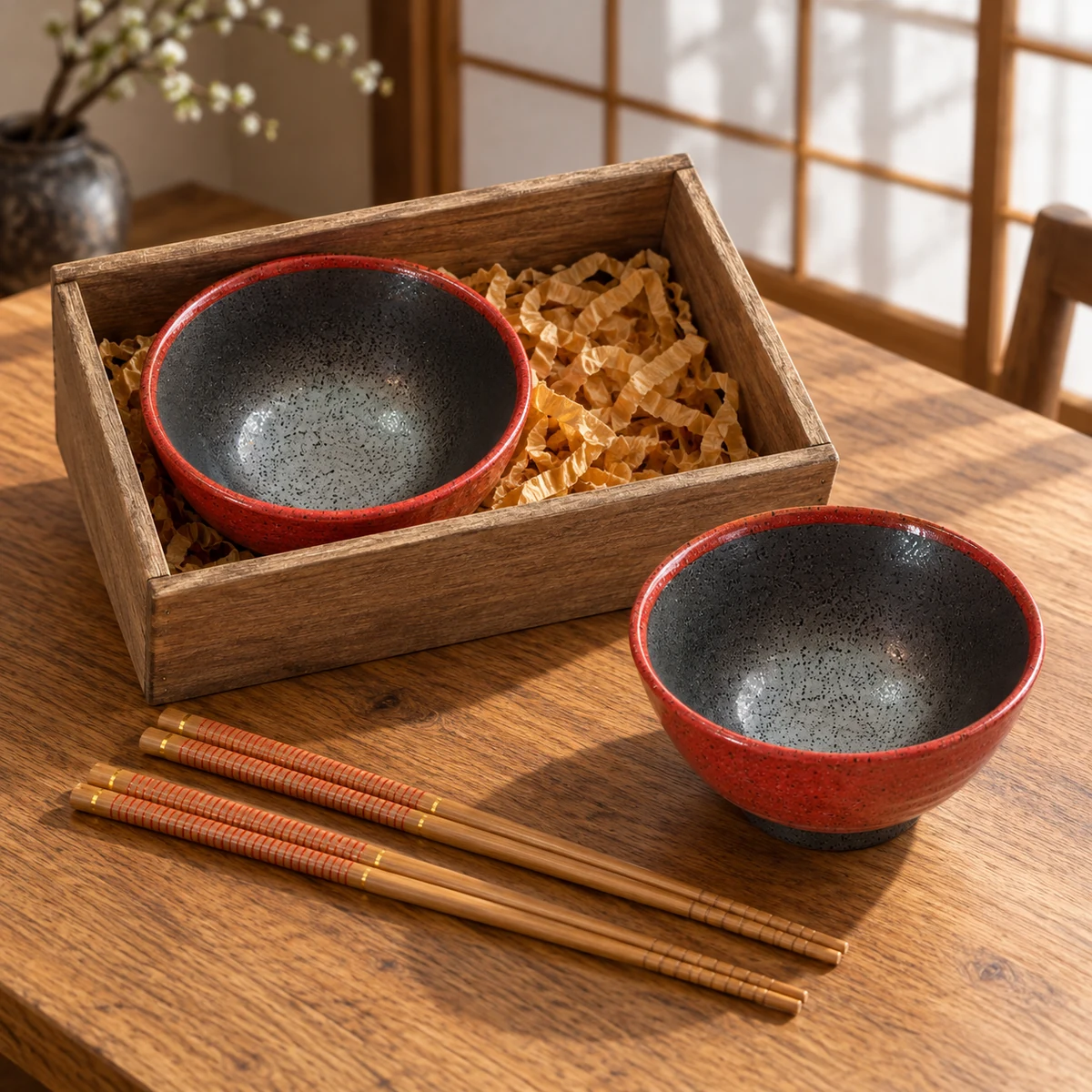 Escena ilustrativa de Set de 2 cuencos con borde rojo y palillos en caja de madera en un interior japonés.