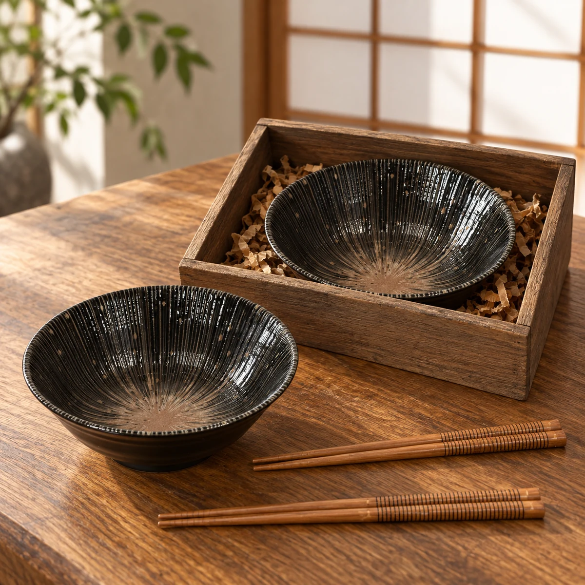 Escena ilustrativa de Set de 2 cuencos con dibujo radial sobre fondo oscuro y palillos en caja de madera en un interior japonés.