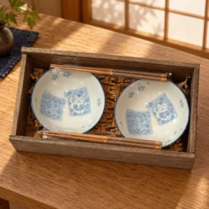 Escena ilustrativa de Set de 2 cuencos con gatos azules y palillos en caja de madera en un interior japonés.