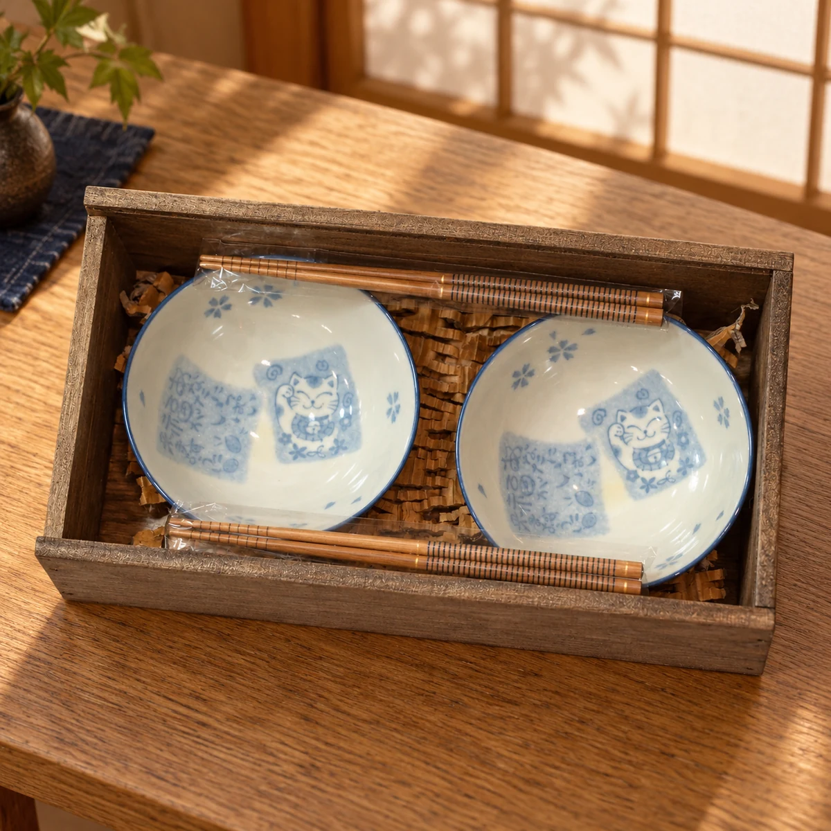 Escena ilustrativa de Set de 2 cuencos con gatos azules y palillos en caja de madera en un interior japonés.