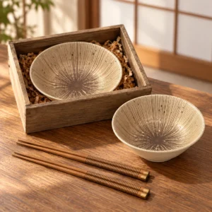 Escena ilustrativa de Set de 2 cuencos con líneas radiales sobre fondo claro y palillos en caja de madera en un interior japonés.