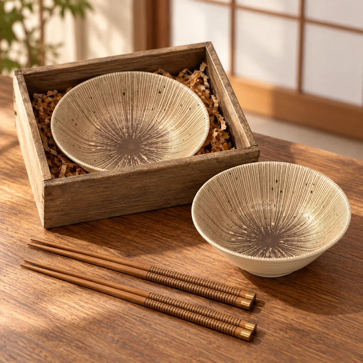 Escena ilustrativa de Set de 2 cuencos con líneas radiales sobre fondo claro y palillos en caja de madera en un interior japonés.
