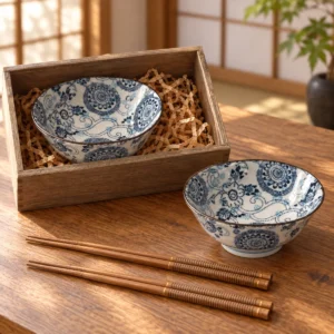 Escena ilustrativa de Set de 2 cuencos con motivos circulares azules y palillos en caja de madera en un interior japonés.