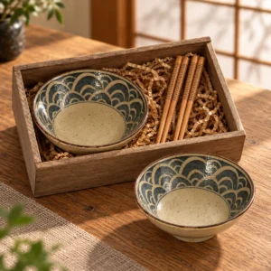 Escena ilustrativa de Set de 2 cuencos con ondas azules y palillos en caja de madera en un interior japonés.
