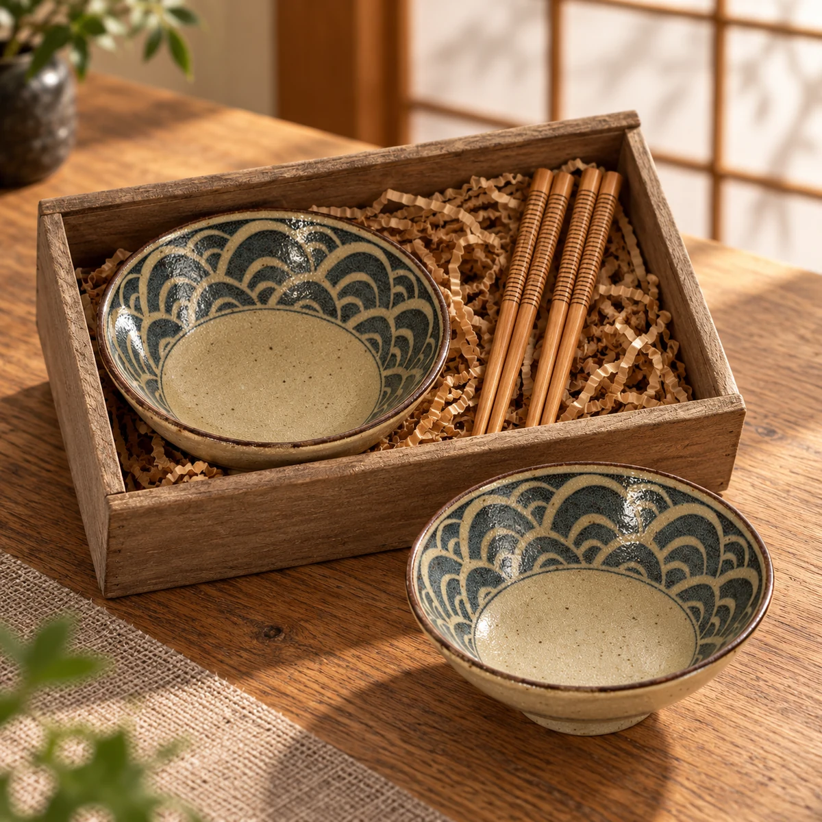 Escena ilustrativa de Set de 2 cuencos con ondas azules y palillos en caja de madera en un interior japonés.