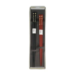 Set de 2 pares de palillos japoneses negros y rojos con motivos dorados en estuche